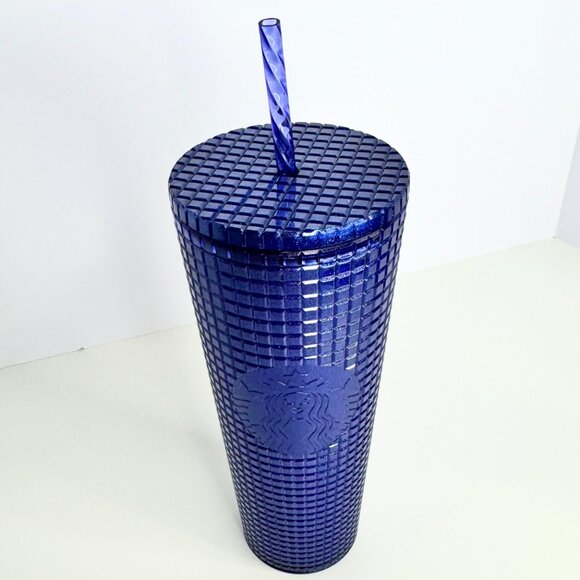 24oz Starbucks ‘Cobalt Blue Pearl Grid’ Glitter Tumbler + straw Venti Cold Cup - Picture 2 of 2